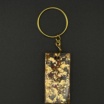 Porte-clef rectangle feuilles métallisées et pierre de verre