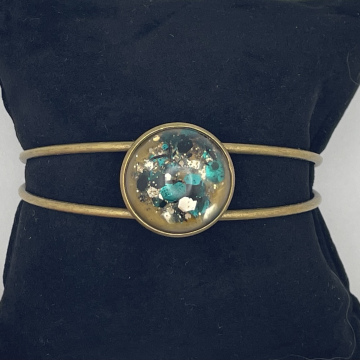 Bracelet jonc cabochon paillettes vertes et argent